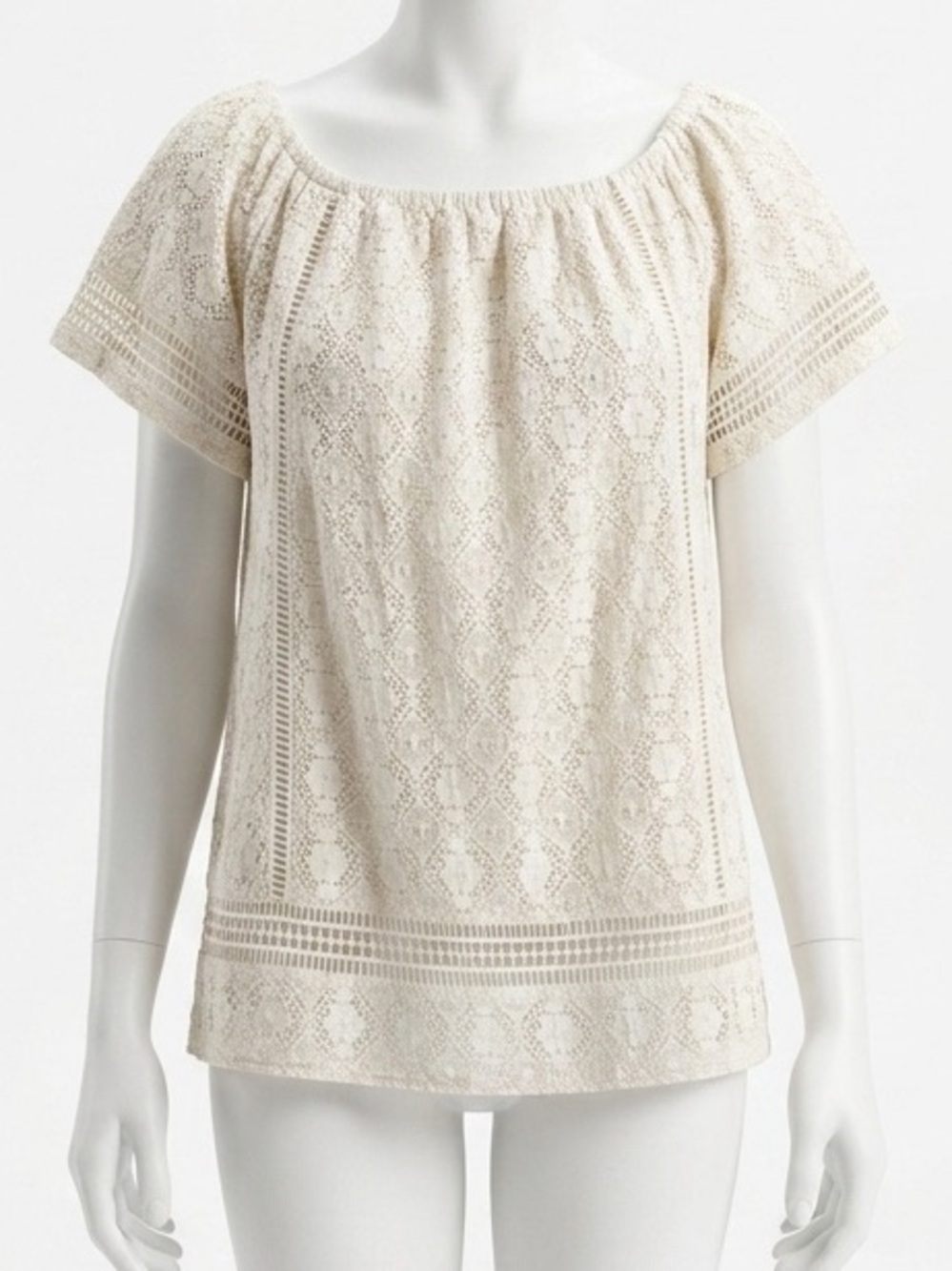 Joie Anthropologie Cream Lace Knit Slouchy Shoulder Boho Knit Lace Crochet Top